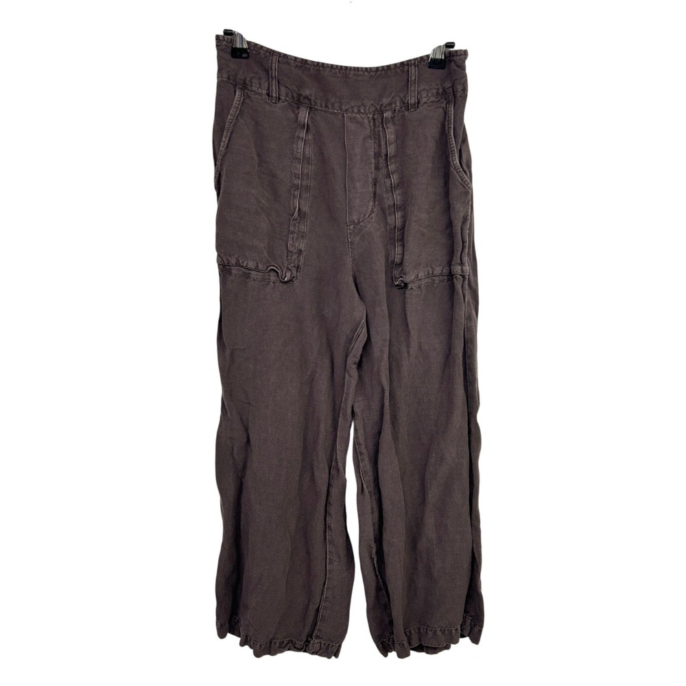 YFB Linen Blend Wide Leg Crop Pants S Brown Utility Lagenlook Coastal Boho